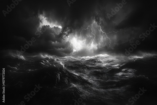Dramatic stormy seascape with dark clouds and lightning