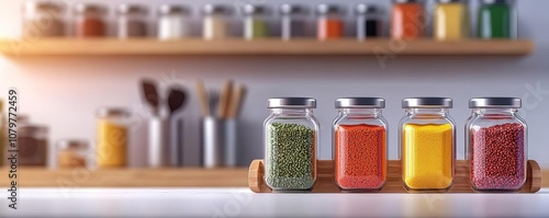 Colorful jars filled with various spices line a wooden shelf, showcasing vibrant ingredients that enhance culinary creativity in a modern kitchen.