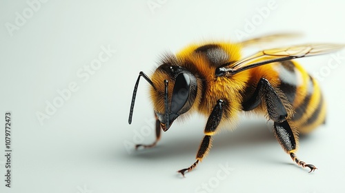 A close-up of a honeybee with its wings spread. The bee is facing the left side of the frame.