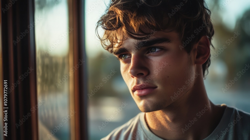 Thoughtful young man gazing out window Thoughtful young man gazing out window