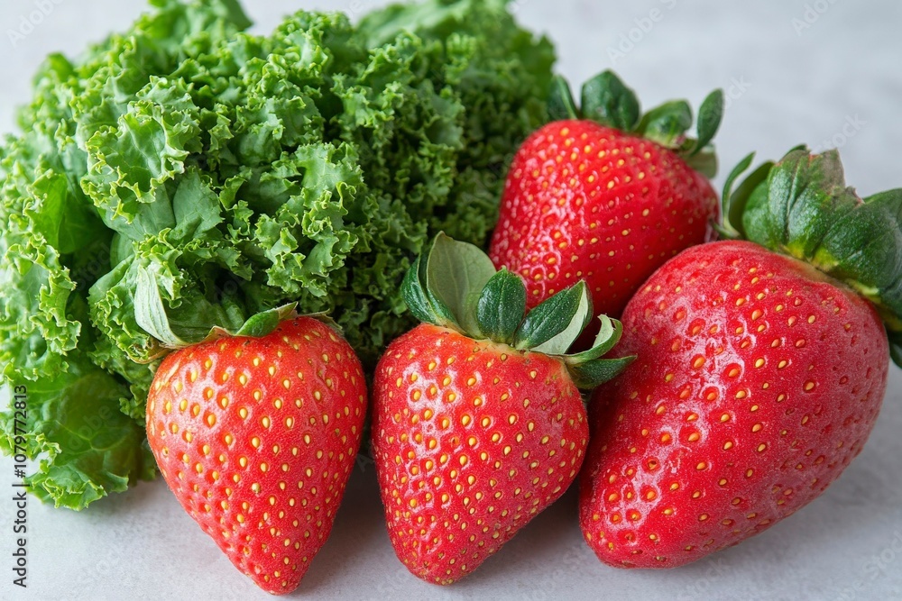 Fresh Strawberries and Kale on Gray Background Fresh Strawberries and Kale on Gray Background