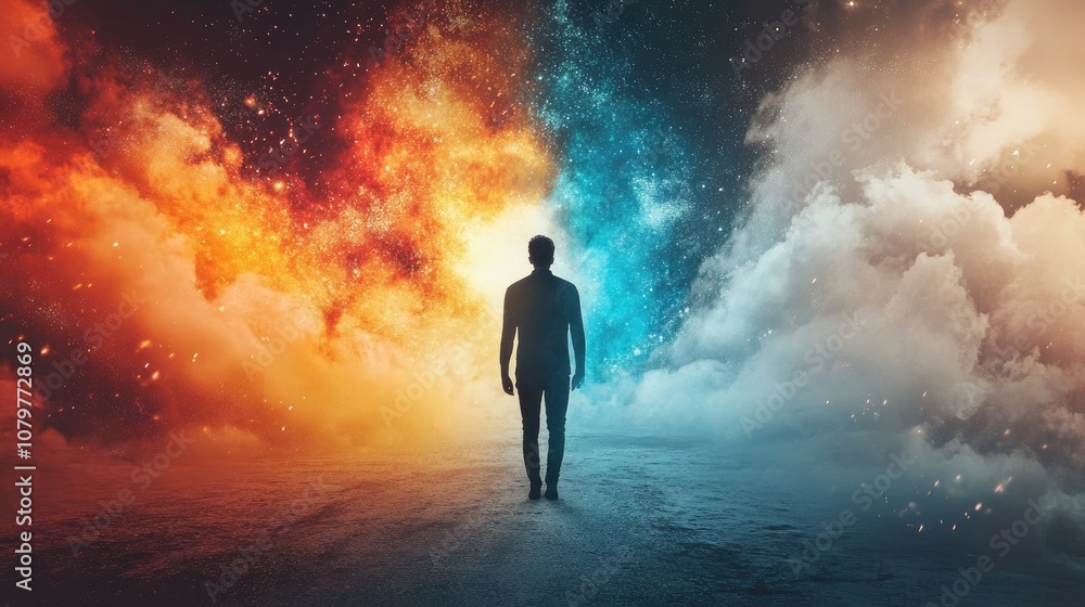 A silhouette of a man stands in the middle of a fiery and icy sky, symbolizing a choice between two paths or opposites. A silhouette of a man stands in the middle of a fiery and icy sky, symbolizing a choice between two paths or opposites.