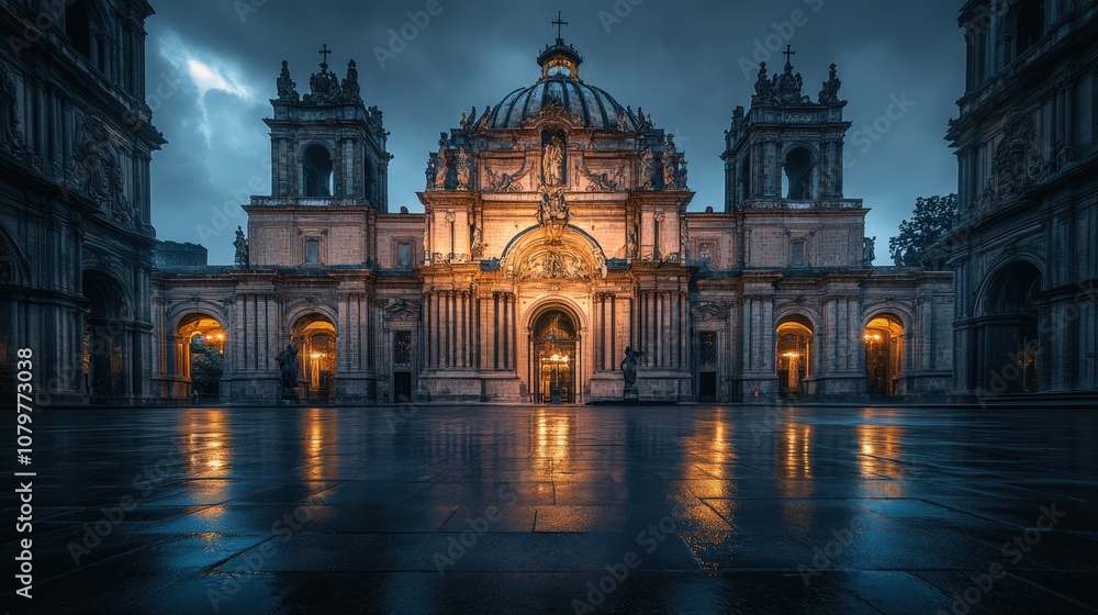 Fototapeta premium Ornate cathedral facade illuminated at night under dramatic sky