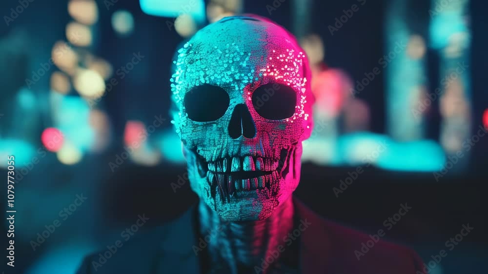 A glowing skull illuminated with neon pink and blue lights stands against a futuristic cityscape, evoking cyberpunk and sci-fi themes. A glowing skull illuminated with neon pink and blue lights stands against a futuristic cityscape, evoking cyberpunk and sci-fi themes.