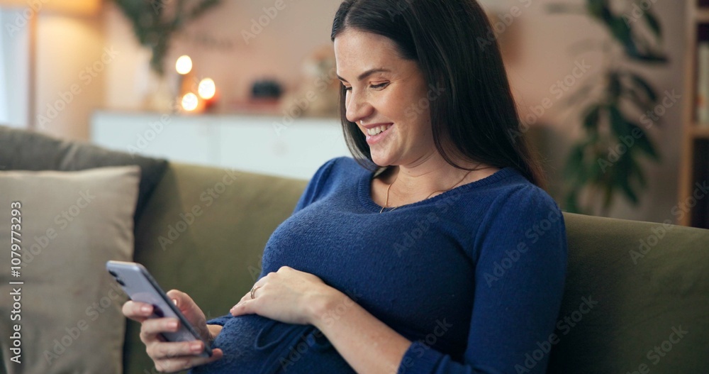 Home, pregnant woman and smartphone with smile for social media, reaction and notification on sofa. Couch, future mother and happy with mobile app for pregnancy post, relax and online interaction Home, pregnant woman and smartphone with smile for social media, reaction and notification on sofa. Couch, future mother and happy with mobile app for pregnancy post, relax and online interaction
