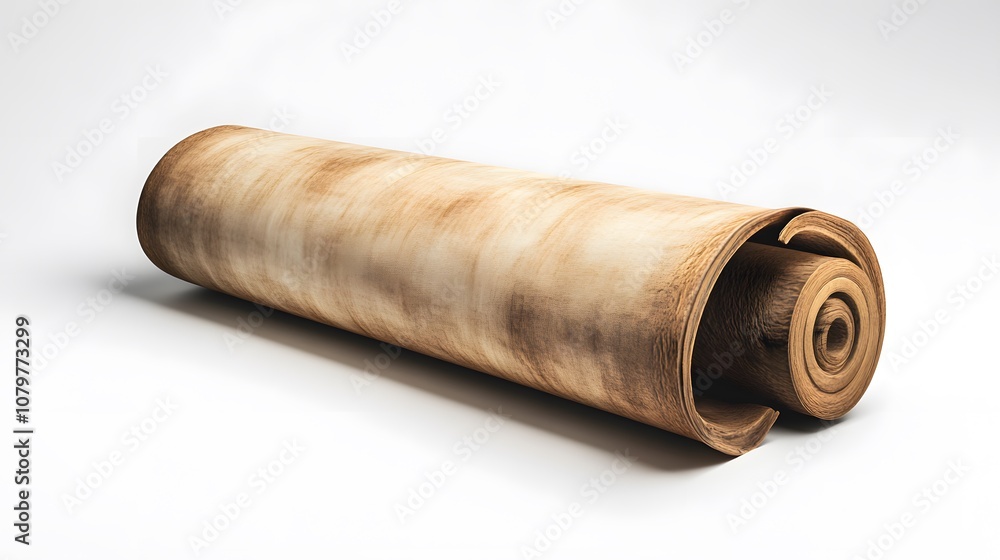 A Rolled-Up Parchment Scroll With Visible Wood Grain A Rolled-Up Parchment Scroll With Visible Wood Grain