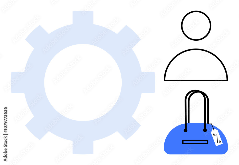 Gear symbol, user avatar, and blue handbag with tag represent themes of technology, user interaction, shopping, and automation. Ideal for tech interfaces, user profiles, e-commerce retail apps AI Gear symbol, user avatar, and blue handbag with tag represent themes of technology, user interaction, shopping, and automation. Ideal for tech interfaces, user profiles, e-commerce retail apps AI