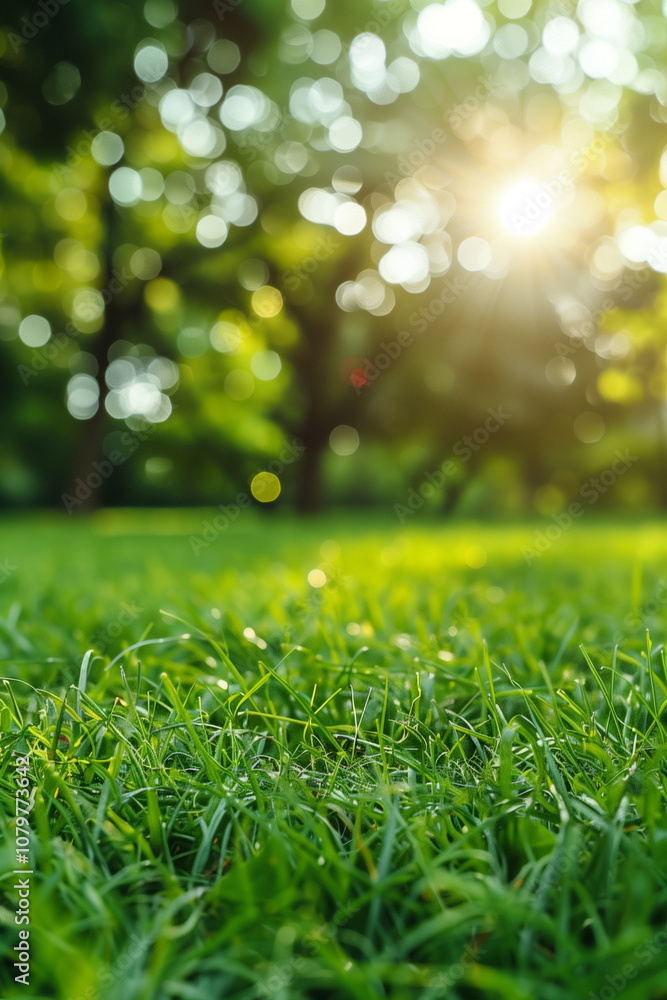 Naklejka premium Natural grass field lawn background with blurred bokeh and sunlight
