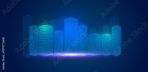 Futuristic city building background. Modern smart city blue light technology.