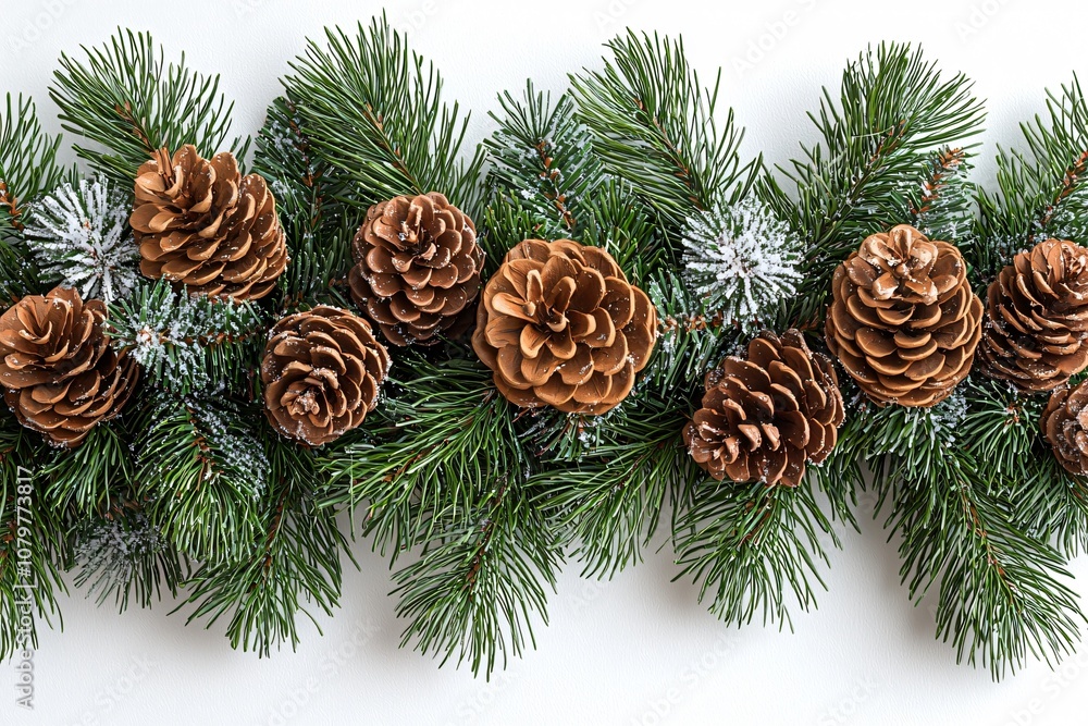 Elegant winter-themed composition featuring Christmas tree branches, snowflakes, and pine cones, ideal for holiday cards, decorations, and festive events. Elegant winter-themed composition featuring Christmas tree branches, snowflakes, and pine cones, ideal for holiday cards, decorations, and festive events.