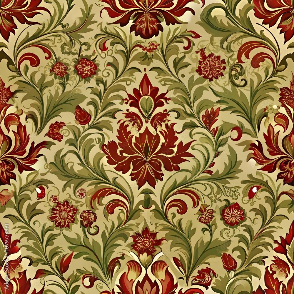 Renaissance Floral and Vine Pattern in Olive and Red. Perfect for: Classical music events, Renaissance fairs, Art museums Renaissance Floral and Vine Pattern in Olive and Red. Perfect for: Classical music events, Renaissance fairs, Art museums