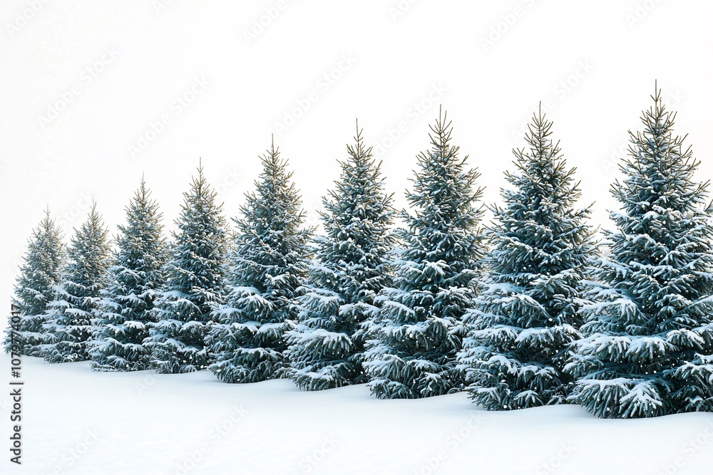 Fototapeta premium A serene winter scene featuring lush evergreen trees dusted with snow, ideal for Christmas cards, holiday invitations, and winter-themed designs.