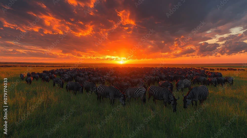 Herd of wildebeests grazing under a vibrant sunset sky. Herd of wildebeests grazing under a vibrant sunset sky.