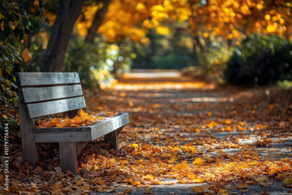 Wooden bench in a park path covered in autumn leaves.
