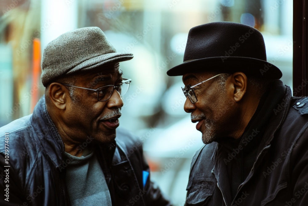 Two older men in hats and glasses having a conversation on a city street Two older men in hats and glasses having a conversation on a city street