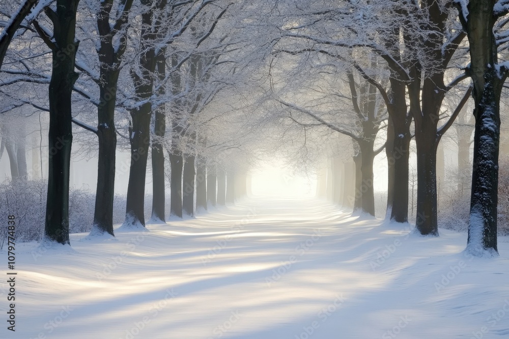 Naklejka premium Serene winter wonderland with snow-covered trees lining a peaceful path