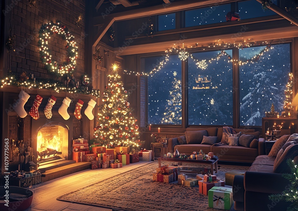Fototapeta premium Cozy Christmas Fireplace and Decorated Tree