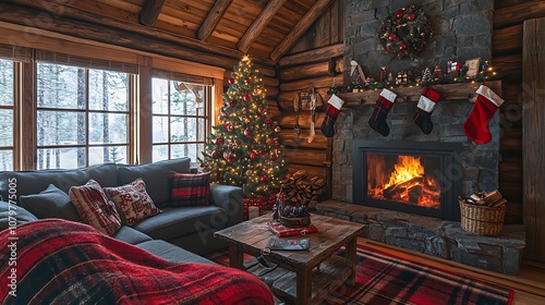 Cozy rustic cabin decorated for the holidays, roaring fireplace casting a golden glow, natural wood decor, Christmas tree with handmade ornaments, plaid blanket on a comfy sofa, inviting and warm,