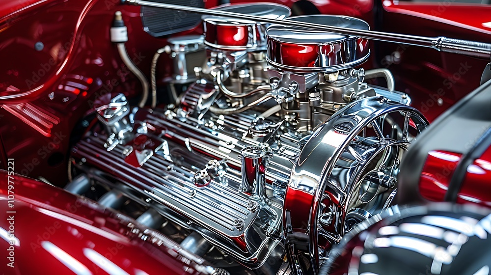 A detailed shot of a classic cara??s engine bay, showcasing polished chrome components and intricate mechanical parts. A detailed shot of a classic cara??s engine bay, showcasing polished chrome components and intricate mechanical parts.