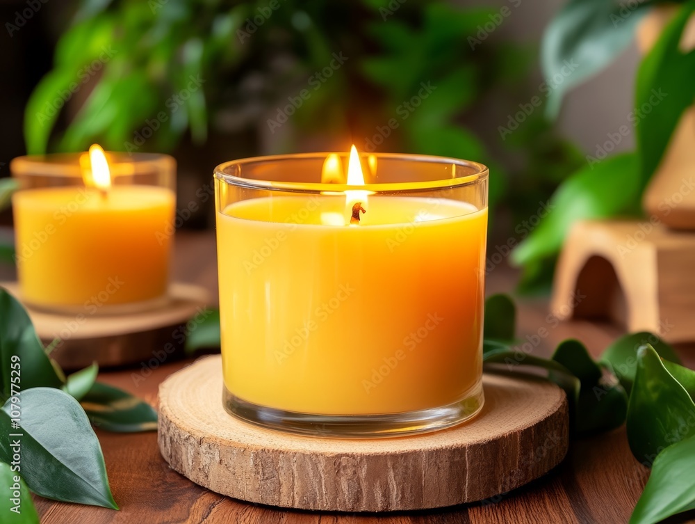 A cozy setting featuring lit yellow candles surrounded by green plants on a wooden surface.