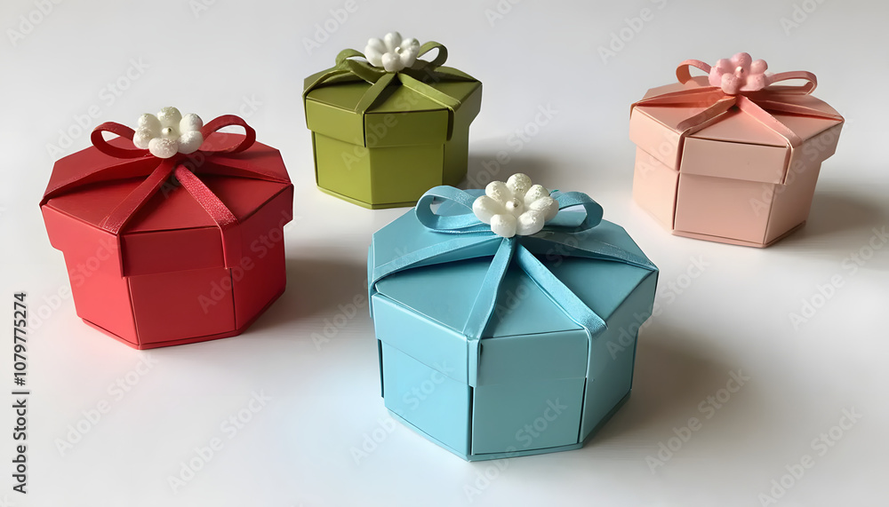 Fototapeta premium Colorful gift boxes with ribbons and decorative flowers arranged in a playful composition on a white background