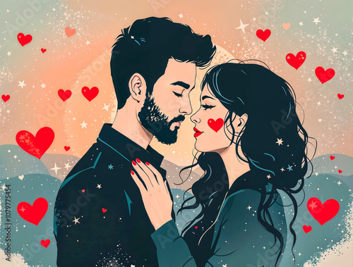 ilustracion de joven pareja de enamorados abrazdos con cariño en dia de san valentin