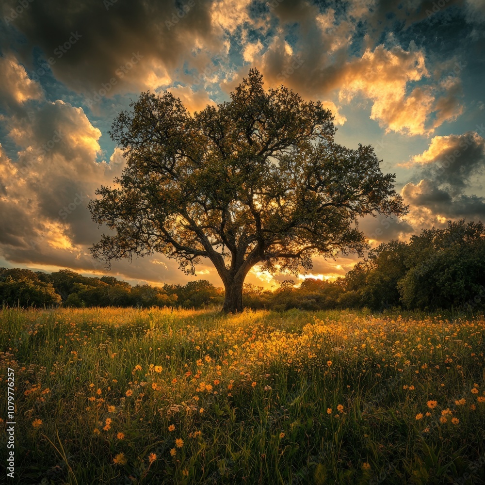 Fototapeta premium Majestic oak tree silhouetted against a dramatic sunset sky over a field of wildflowers