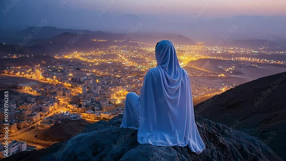woman in white clothing sits on a mountaintop overlooking a arabian city at night. woman in white clothing sits on a mountaintop overlooking a arabian city at night.