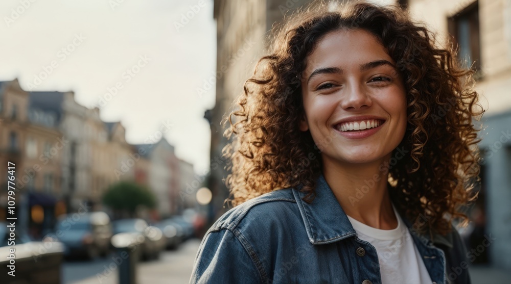 Portrait of young stylish happy woman with curly hair sunny outdoor in the urban city Portrait of young stylish happy woman with curly hair sunny outdoor in the urban city