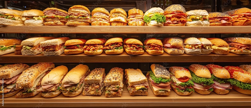 Variety of delicious sandwiches and burgers on display in a bakery or deli Variety of delicious sandwiches and burgers on display in a bakery or deli