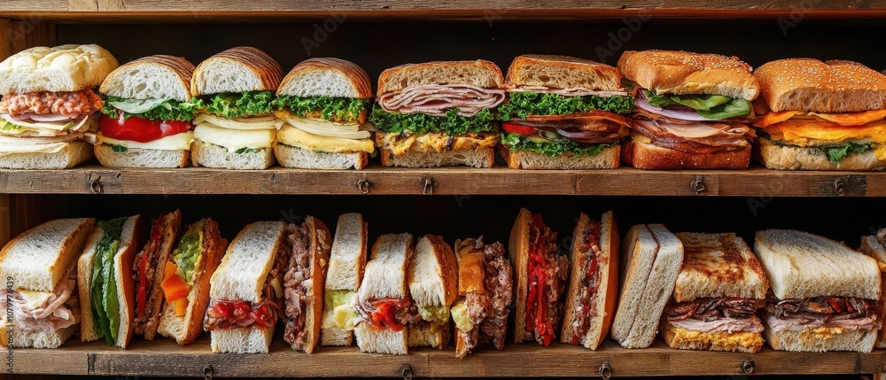 Assortment of delicious sandwiches on display in a cafe or deli Assortment of delicious sandwiches on display in a cafe or deli