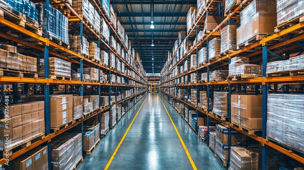 Aisle in a large warehouse with stacked boxes on shelves Aisle in a large warehouse with stacked boxes on shelves