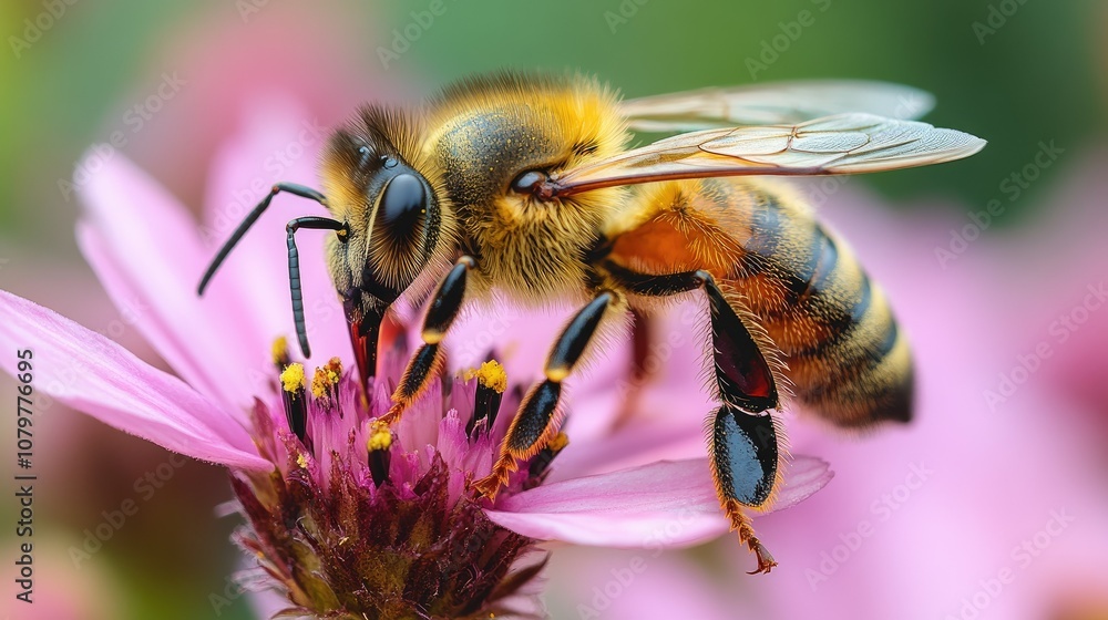 A honeybee collects nectar from a pink flower. A honeybee collects nectar from a pink flower.