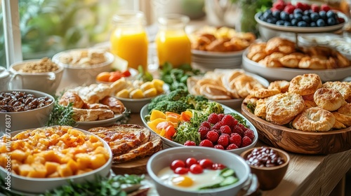 A large table with a variety of breakfast foods, including fruit, pastries, and eggs.