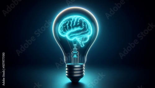 A glowing light bulb with brain as filament symbolizes creativity, innovative ideas and the invention of technology and intelligence, representing the knowledge of human thought and Power of invention