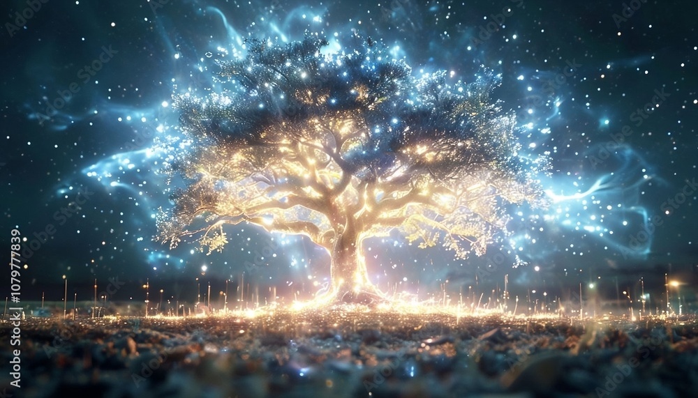 Mystical Glowing Tree with Sparkling Nighttime Atmosphere Mystical Glowing Tree with Sparkling Nighttime Atmosphere