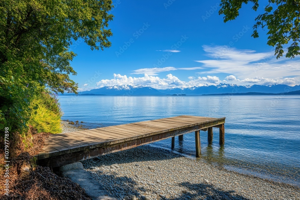 Fototapeta premium Wooden dock extending into a calm, blue lake with a mountain range in the distance on a sunny day.