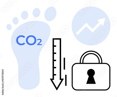 Blue footprint with CO2 text, downward black thermometer arrow, padlock, and growth chart. Ideal for sustainability, environment, climate change, carbon footprint reduction, security business