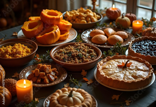 festive Thanksgiving table filled with delicious dishes like pumpkin pie, stuffing, and roasted vegetables, surrounded by decorative pumpkins and candles