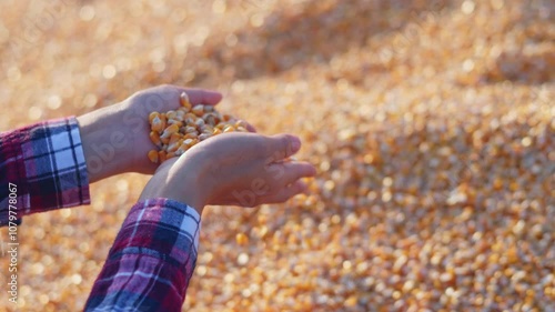 Farmer cupping maize kernels after harvest is done with sunlight. animal feed agricultural industry, agricultural technology, biofuel, slow motion. photo