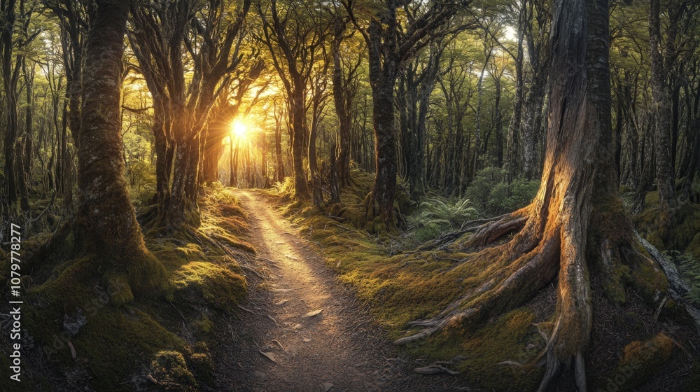 Obraz premium Enchanting forest path with sunlight streaming through the trees