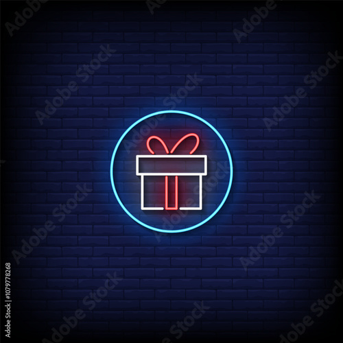 icon gift neon sign vector with brick wall background