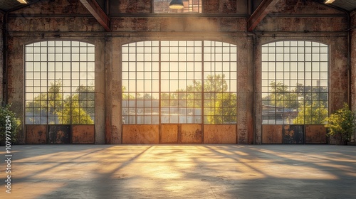 Sunlight streaming through large industrial windows in a spacious room.