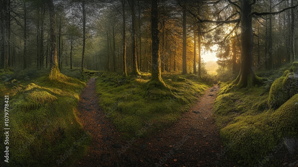 Fototapeta premium Enchanting forest path at sunset with lush moss-covered trees