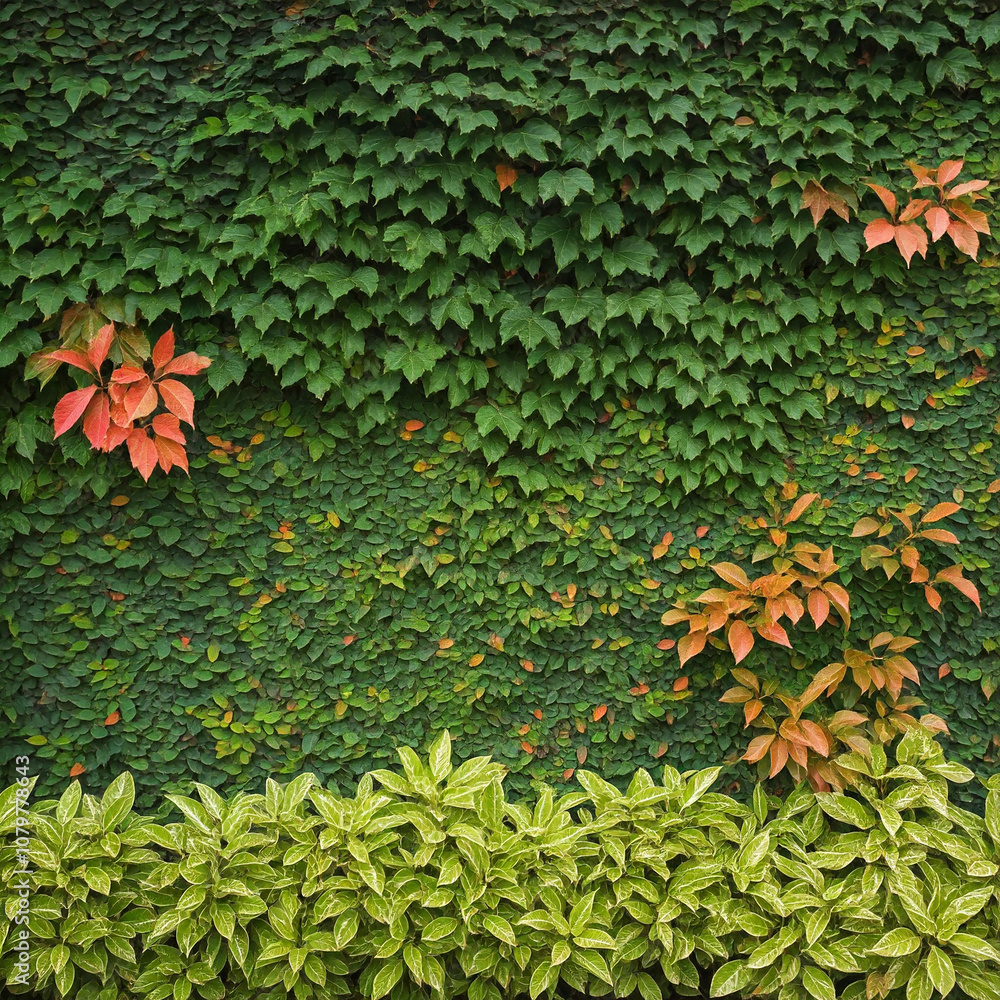 Lush Green Ivy Wall with Colorful Accents Lush Green Ivy Wall with Colorful Accents