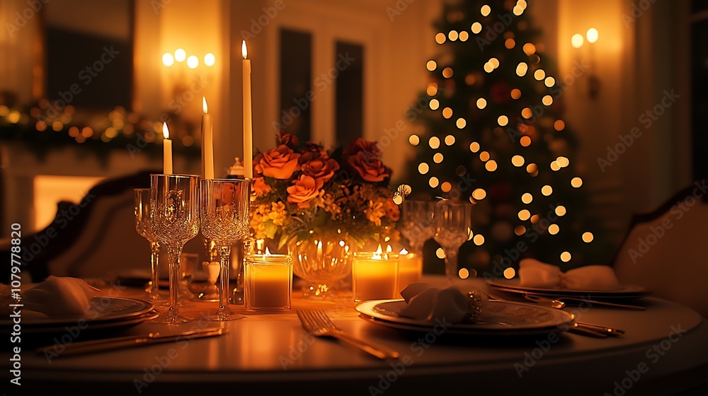 Elegant holiday dinner scene, table set with sparkling crystal, candles, and a festive floral arrangement, soft lighting creating a romantic ambiance, twinkling Christmas tree in the distance, Elegant holiday dinner scene, table set with sparkling crystal, candles, and a festive floral arrangement, soft lighting creating a romantic ambiance, twinkling Christmas tree in the distance,