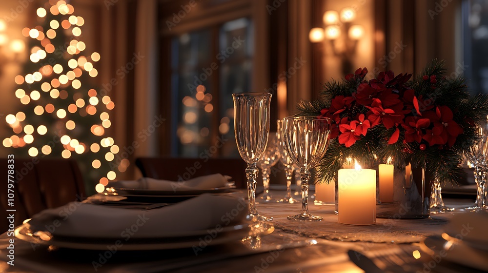 Elegant holiday dinner scene, table set with sparkling crystal, candles, and a festive floral arrangement, soft lighting creating a romantic ambiance, twinkling Christmas tree in the distance, Elegant holiday dinner scene, table set with sparkling crystal, candles, and a festive floral arrangement, soft lighting creating a romantic ambiance, twinkling Christmas tree in the distance,