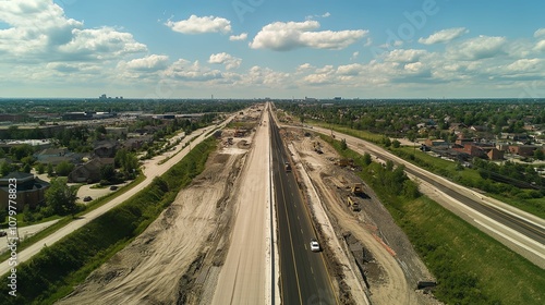 Aerial View of Highway Construction with Cars and Heavy Machinery