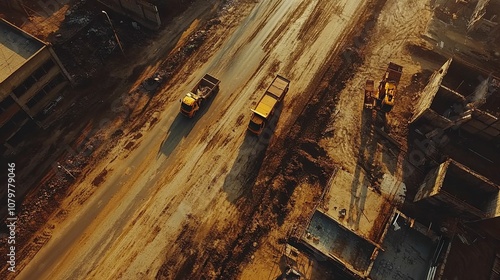 Aerial View of Dump Trucks on a Dirt Road During Construction photo