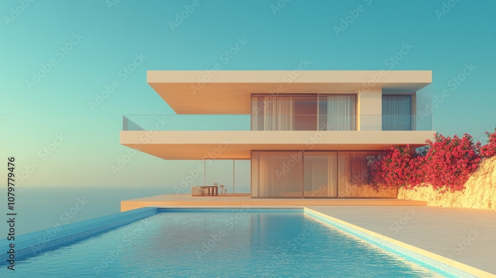 Fototapeta premium Modern villa with pool and scenic view at sunset.